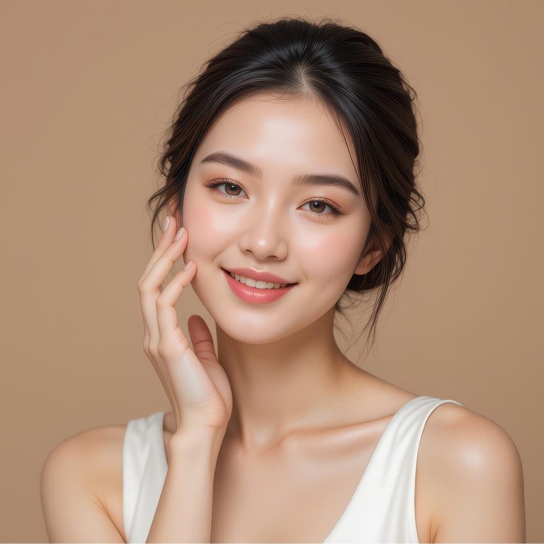 young woman presses acne and pimples on skin on face with fingers. Teenager girl with problematic skin close-up on isolated white background